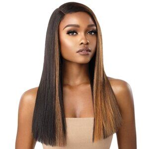 Long Brown and Caramel Face Framing Split Dye Wig - Blunt Cut Swiss Lace